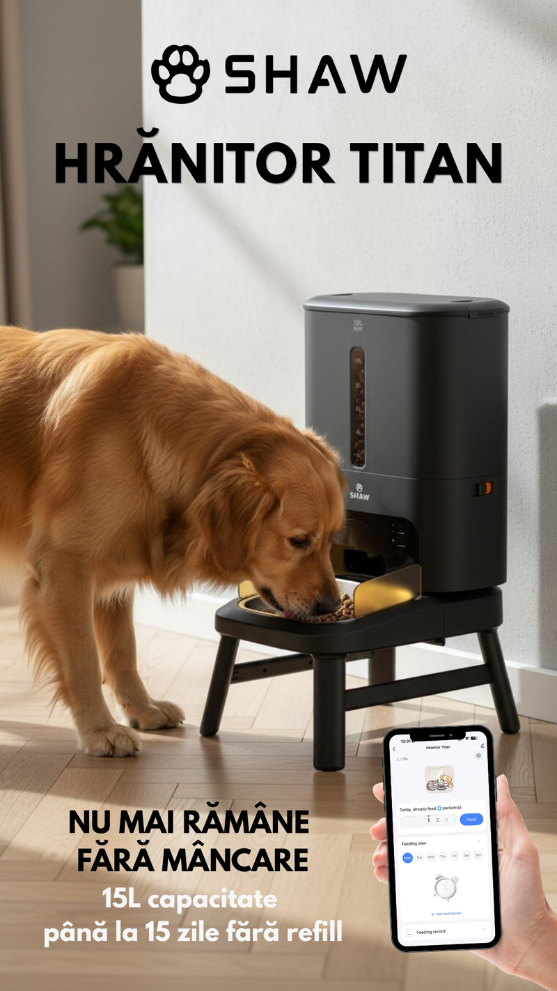 Hranitor automat smart SHAW® Titan pentru caini, aplicatie mobila, 15L, programare hranire, negru