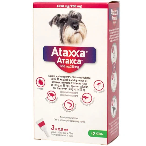 Antiparazitar spot-on pentru caini 10-25 kg Ataxxa 1250mg/250mg, 1 pipeta, Krka