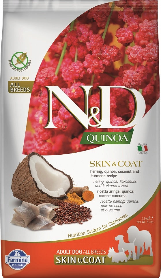Hrana uscata pentru caini adulti - Farmina N&D Quinoa Caine Adult All Breeds Skin & Coat Hering si Cocos 2,5kg