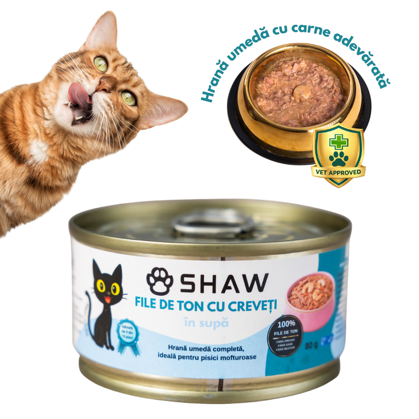 Hrana umeda premium SHAW pentru pisici adulte si mofturoase cu file de ton si creveti in supa, fara cereale, 80g