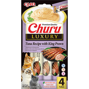 Gustari pentru pisici Inaba Churu Cat Luxury Tuna Recipe with King Prawn 4x14g – snack cremos, cu ton si creveti king, fara cereale