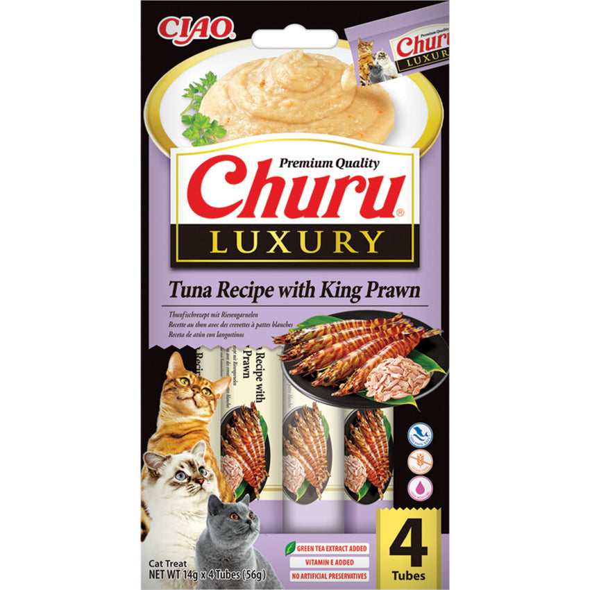 Gustari pentru pisici Inaba Churu Cat Luxury Tuna Recipe with King Prawn 4x14g – snack cremos, cu ton si creveti king, fara cereale