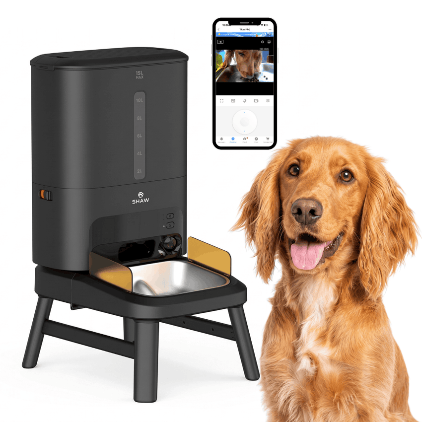 Hranitor automat smart SHAW® Titan PRO pentru caini, aplicatie mobila, camera video, 15L, programare hranire, negru
