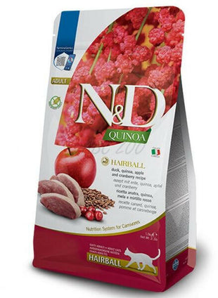 Farmina N&D Quinoa Hrana Uscata Pisici Adulte Hairball, cu Rata si Quinoa, Fara Cereale, 1.5kg
