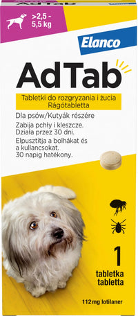 Antiparazitar oral pentru caini 2,5-5 kg AdTab Dog, 112,5 mg, 1 tableta, Elanco