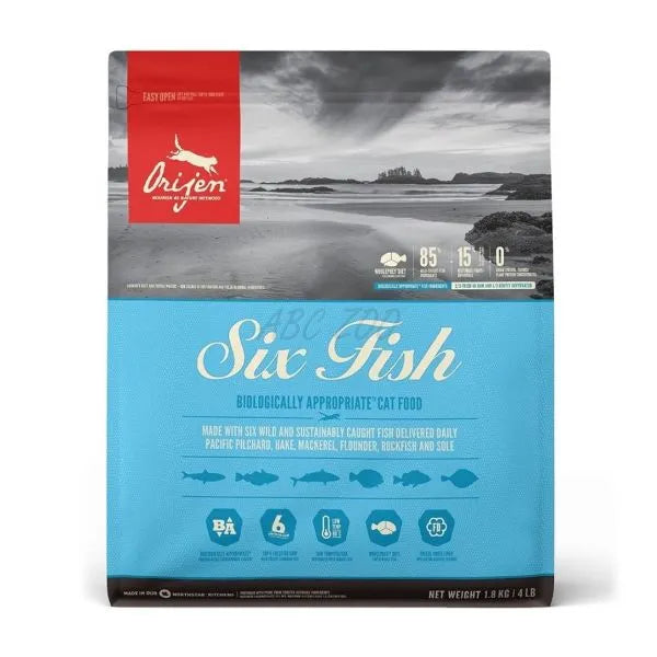 Hrana uscata pisici adulte Orijen Six Fish 1.8kg cu 6 tipuri de peste, fara cereale, bogata in proteine animale premium