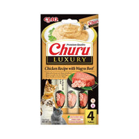 Gustari pentru pisici Inaba Churu Cat Luxury Chicken Recipe with Wagyu Beef 4x14g – snack cremos, cu pui si vita Wagyu, fara cereale