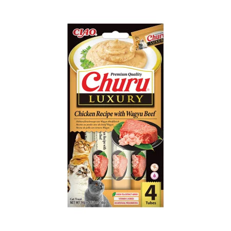 Gustari pentru pisici Inaba Churu Cat Luxury Chicken Recipe with Wagyu Beef 4x14g – snack cremos, cu pui si vita Wagyu, fara cereale
