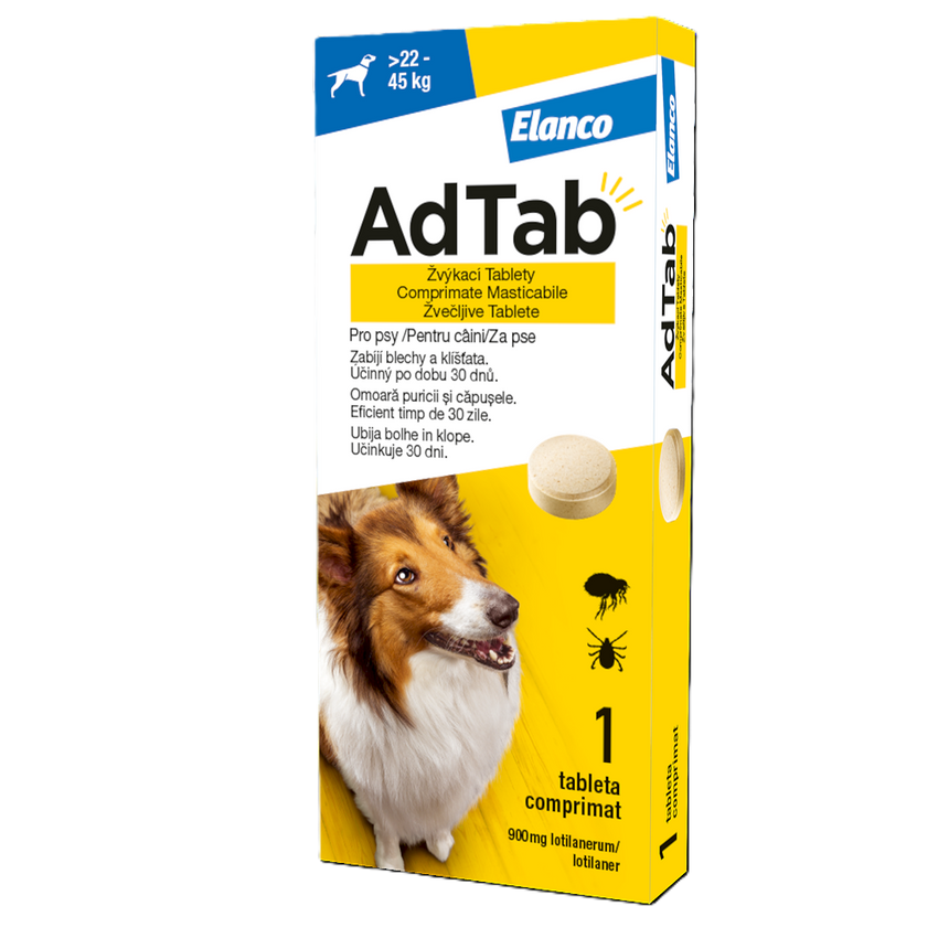 Antiparazitar oral pentru caini 22-45 kg AdTab Dog, 900 mg, 1 tableta, Elanco
