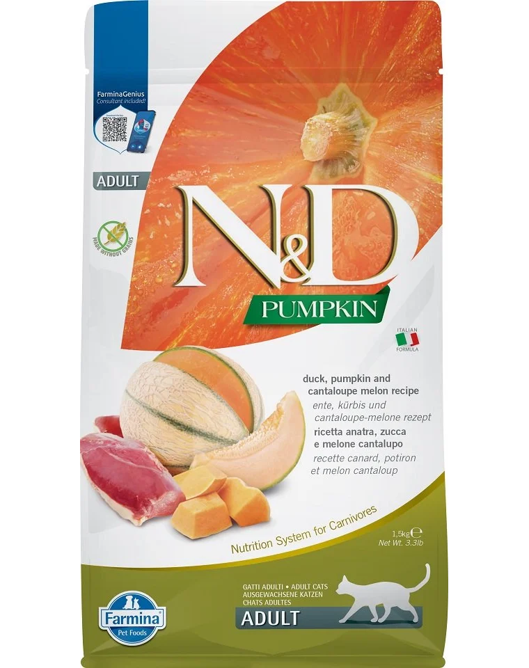 Hrana uscata pisici Farmina N&D Pumpkin cu rata si pepene galben adult 1.5kg