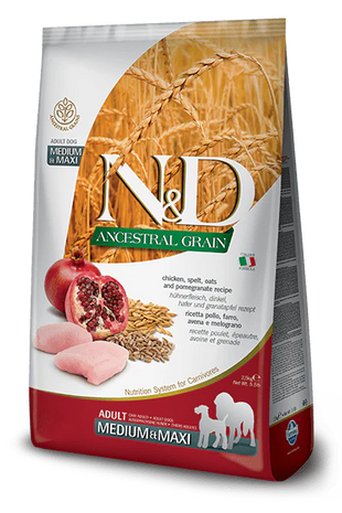 Hrana uscata pentru caini adulti - Farmina N&D Ancestral Grain Caine Adult Medium/Maxi Pui, Spelt, Ovaz si Rodie 2,5kg