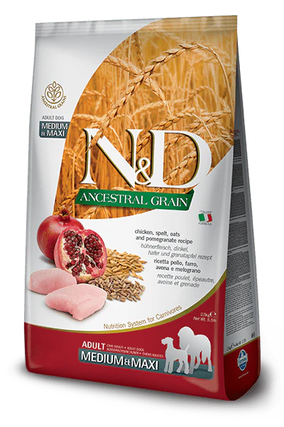 Hrana uscata pentru caini adulti - Farmina N&D Ancestral Grain Caine Adult Medium/Maxi Pui, Spelt, Ovaz si Rodie 2,5kg