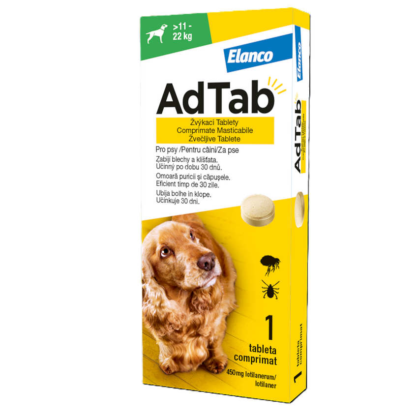 Antiparazitar oral pentru caini 11-22 kg AdTab Dog, 450 mg, 1 tableta, Elanco