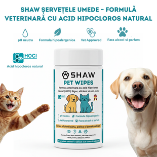 Servetele umede SHAW Pet Wipes pentru caini si pisici, cu acid hipocloros HOCl, non-toxic, hipoalergenic, vet approved