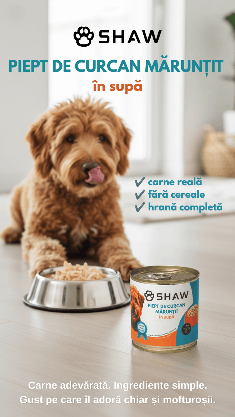 Hrană umedă premium pentru câini SHAW, Piept de Curcan Mărunțit în Supă, hrană completă, fără cereale, 200 g