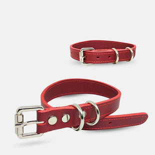 Zgarda caini din piele naturala, lata pentru protectia gatului, marime M, ajustabila 36–44 cm, rosu