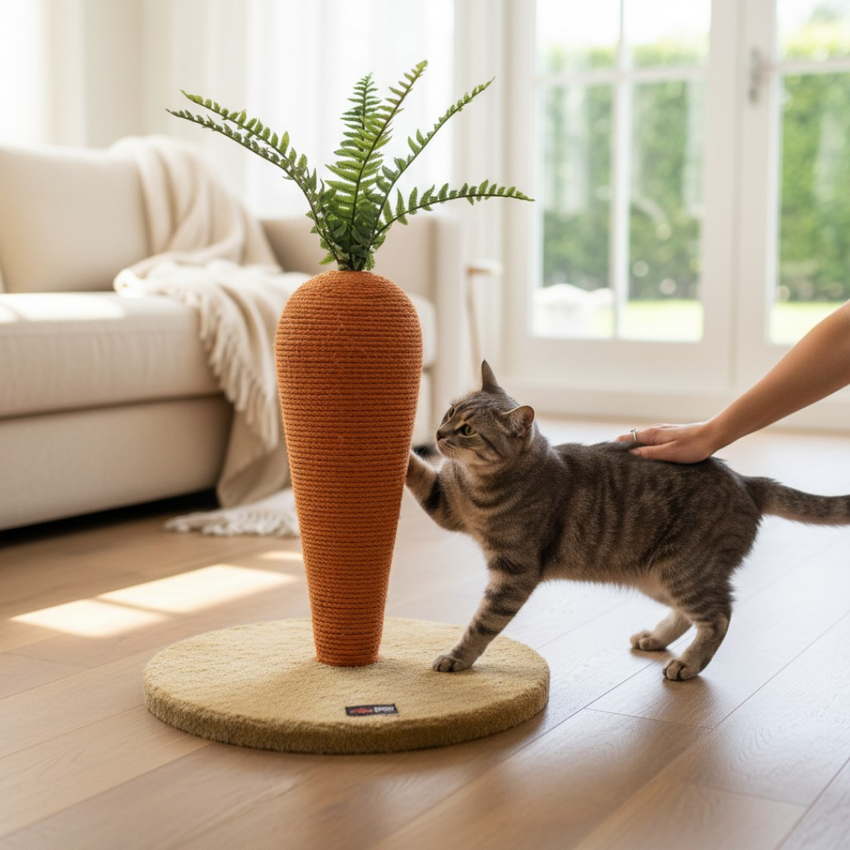 Stalp pentru zgariat pisici in forma de morcov, din MDF, cu sisal de 6 mm, inaltime 42 cm