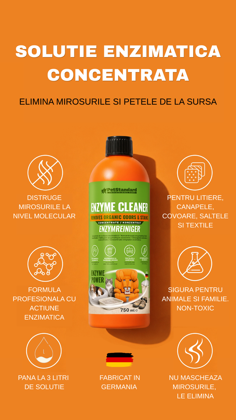 Solutie Profesionala Enzimatica Concentrata pentru Eliminarea Mirosurilor si Petelor PetStandard, 750 ml, Curatare Urina, Voma, Litiera, Textile si Suprafete