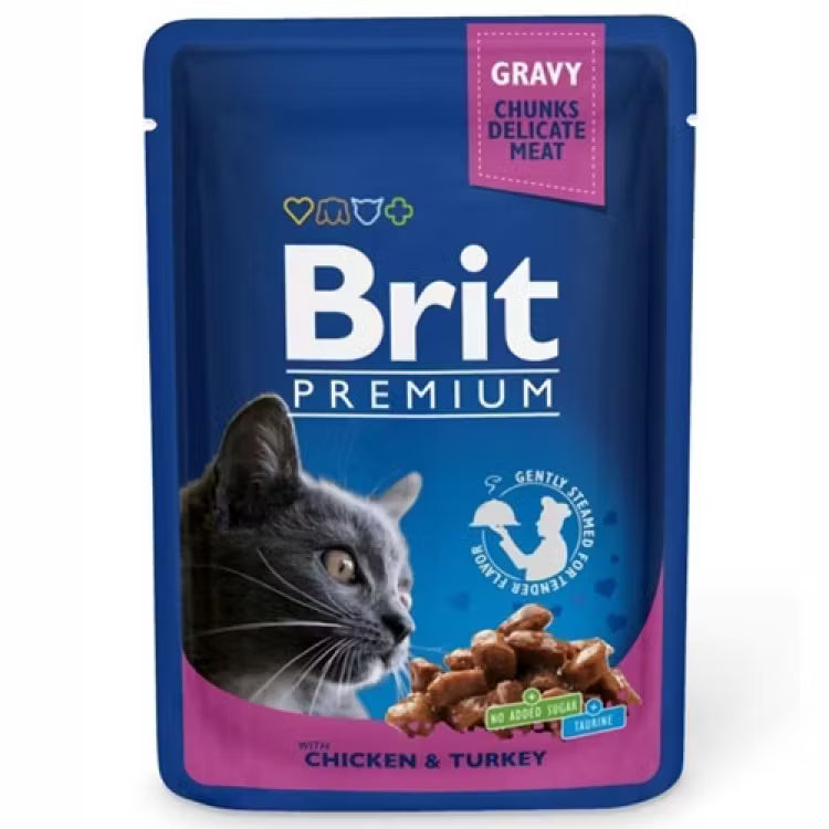 Hrana umeda pentru pisici cu pui si curcan Brit Premium Cat, plic 100g