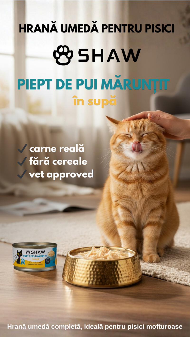 Hrana umeda premium SHAW pentru pisici adulte si mofturoase cu piept de pui maruntit in supa, fara cereale, 80g