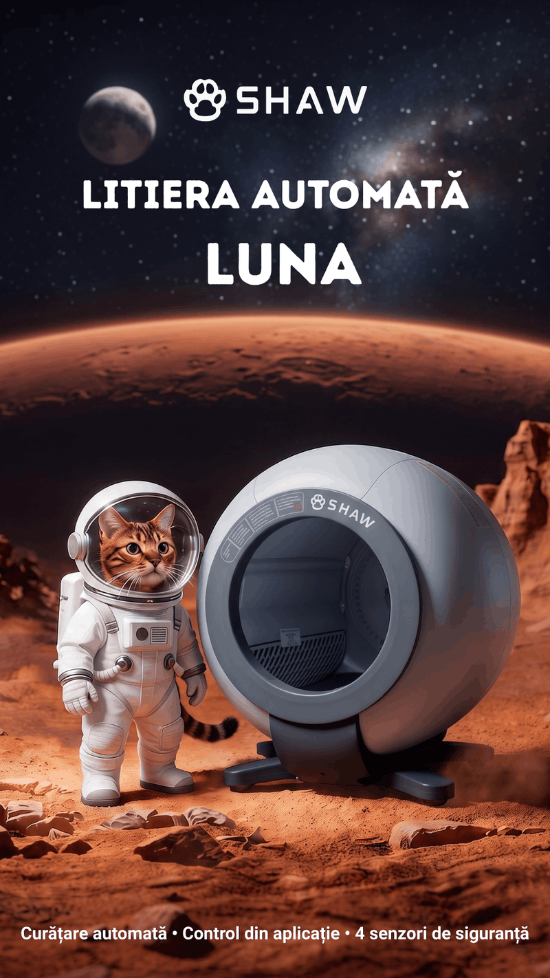 Litiera automata smart SHAW® LUNA pentru pisici, auto-curatare, izolare mirosuri, aplicatie mobila, 9L