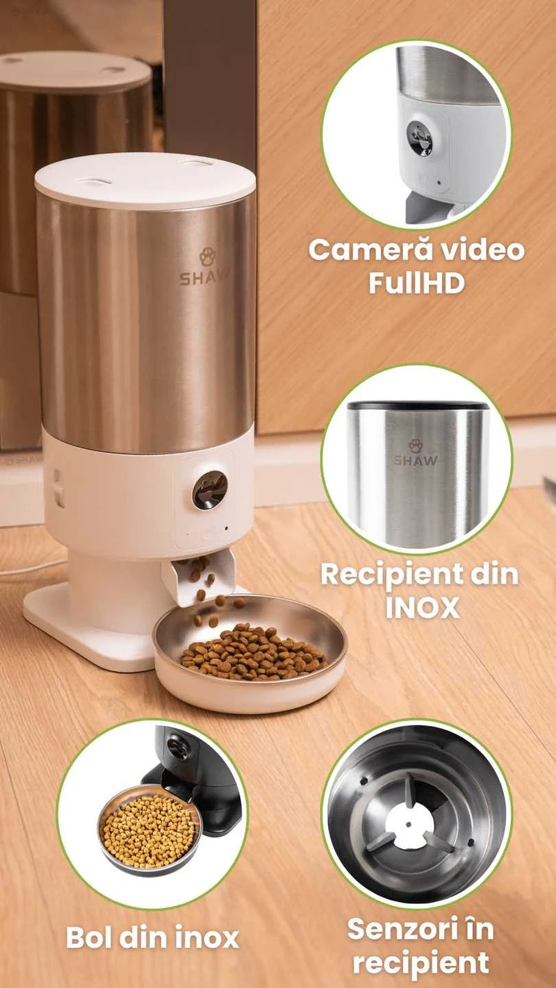 Hranitor automat Smart SHAW® PRO V3 pentru caini si pisici, Aplicatie mobila, Camera video Night Vision, Programare hrana, Negru