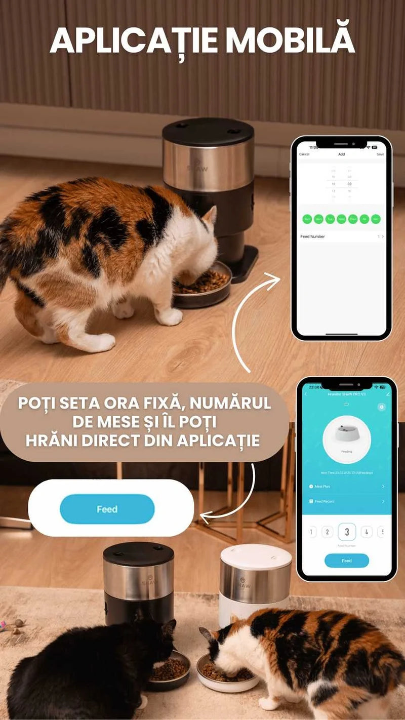 Hranitor automat Smart SHAW® PRO V3 mini pentru caini si pisici, Aplicatie mobila, Programare hrana, Negru
