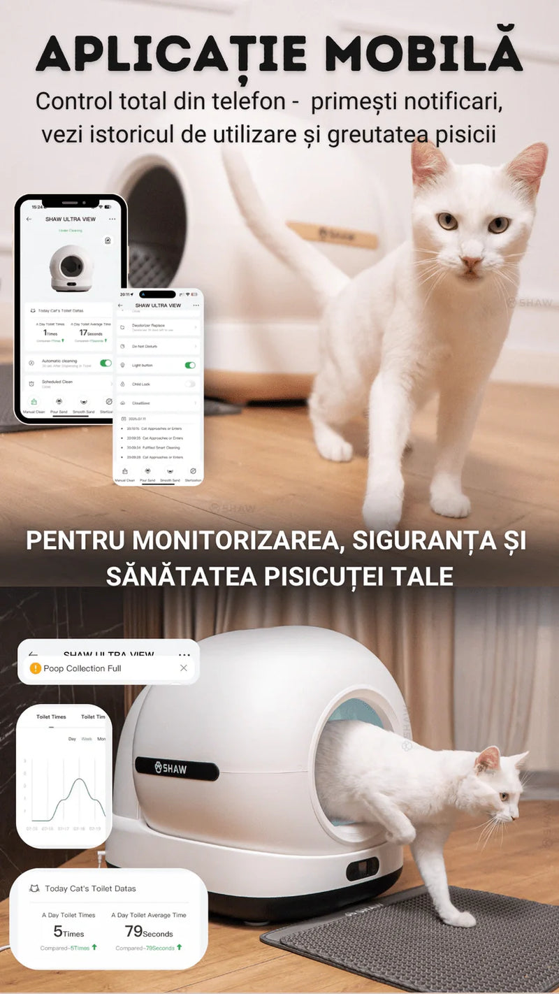 Litiera automata smart SHAW® Ultra View pentru pisici, camera video, auto-curatare, sterilizare UV, odorizant, aplicatie mobila
