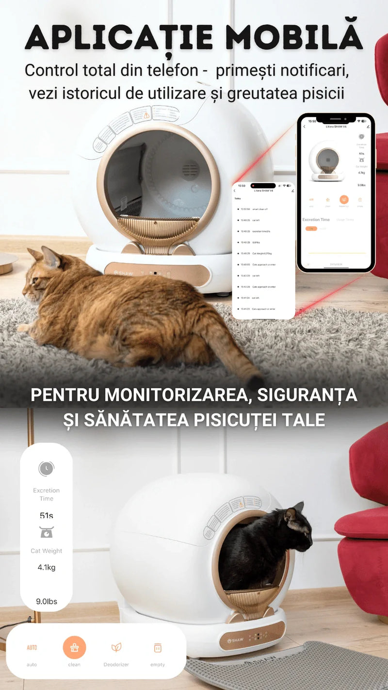 Litiera automata smart SHAW® V4 pentru pisici, auto-curatare, eliminare mirosuri prin ionizare, aplicatie mobila, 9L