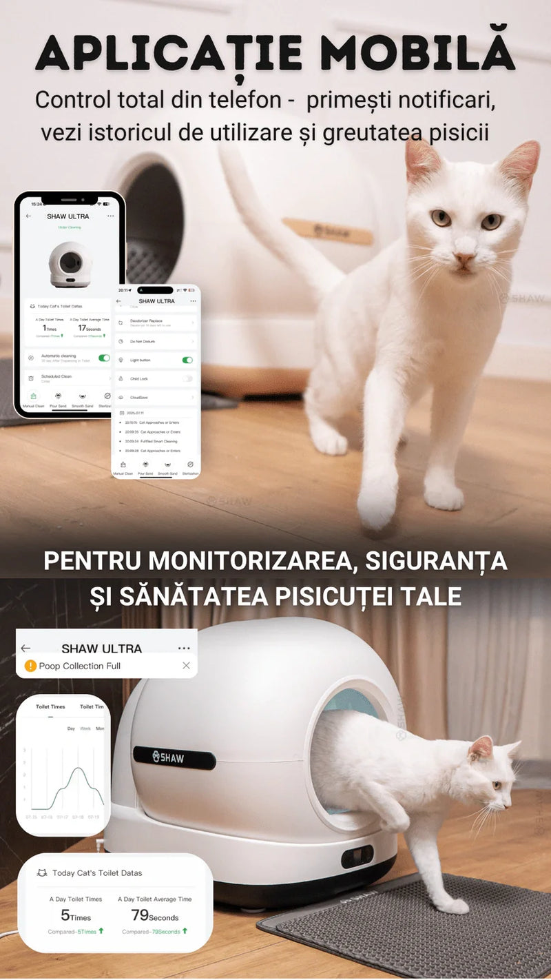 Litiera automata smart SHAW® Ultra pentru pisici, auto-curatare, sterilizare UV, odorizant, aplicatie mobila, bej