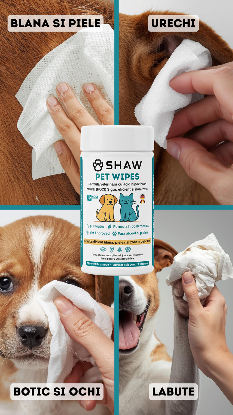 Servetele umede SHAW Pet Wipes pentru caini si pisici, cu acid hipocloros HOCl, non-toxic, hipoalergenic, vet approved