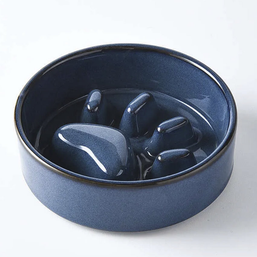 Set 2 Boluri Ceramica cu Suport din Lemn si Design Slow Feeder in Forma de Labuta, pentru Pisici si Caini, Albastru