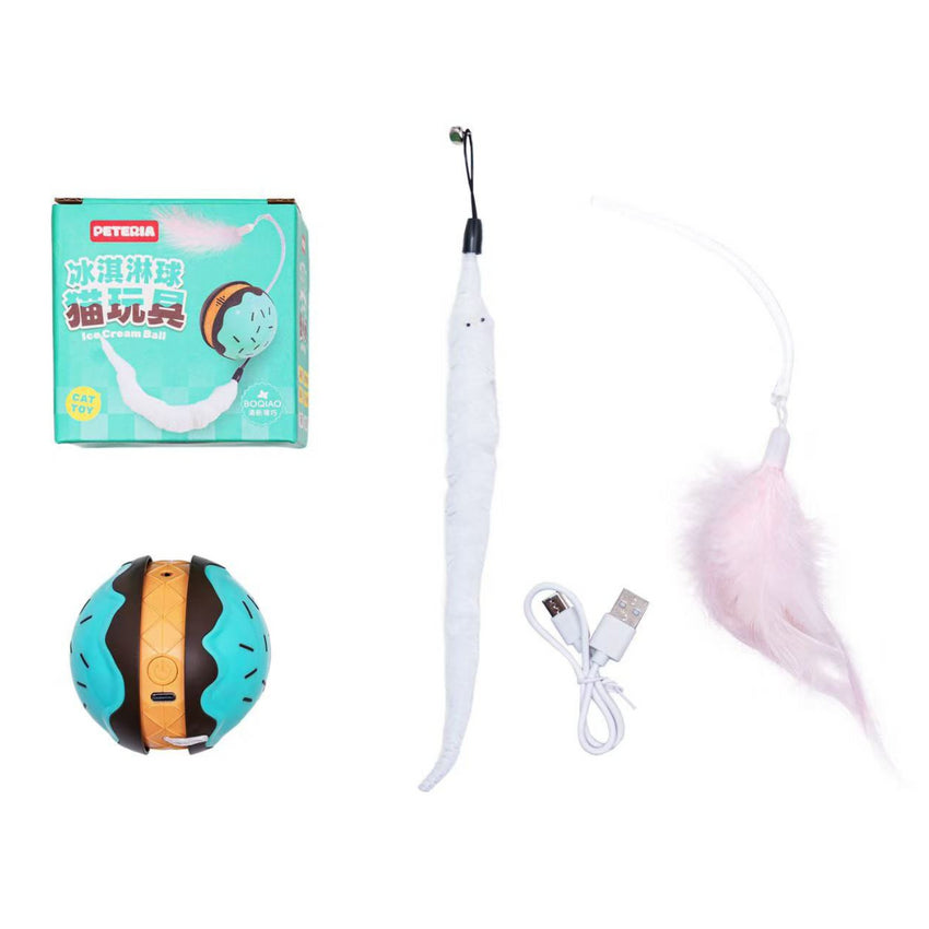 Minge Automata Interactiva pentru Pisici SHAW, Forma de Inghetata, cu Lumina LED si Miscare Aleatorie, Baterie Reincarcabila