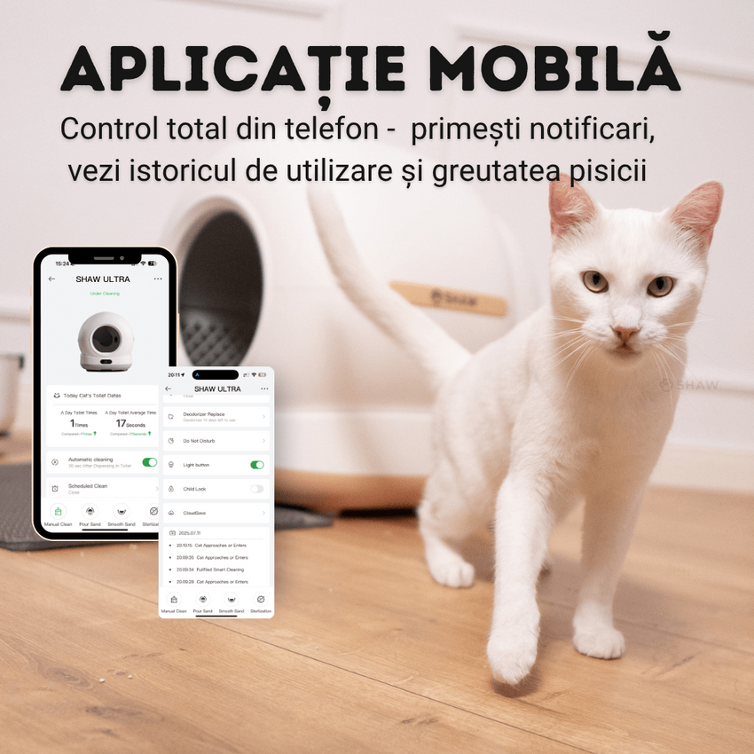RESIGILAT - Litiera automata smart SHAW® Ultra pentru pisici, auto-curatare, sterilizare UV, odorizant, aplicatie mobila, bej