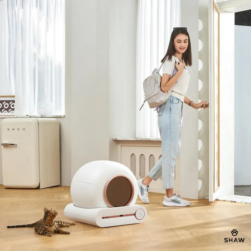 Litiera automata smart SHAW® ROZ pentru pisici, auto-curatare, sterilizare, aplicatie mobila, 9L