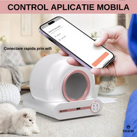 Litiera automata smart SHAW® ROZ pentru pisici, auto-curatare, sterilizare, aplicatie mobila, 9L
