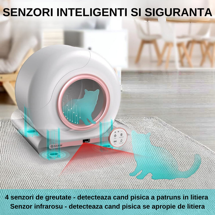 Litiera automata smart SHAW® ROZ pentru pisici, auto-curatare, sterilizare, aplicatie mobila, 9L