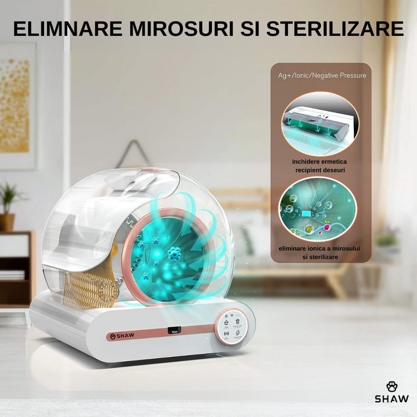 Litiera automata smart SHAW® ROZ pentru pisici, auto-curatare, sterilizare, aplicatie mobila, 9L
