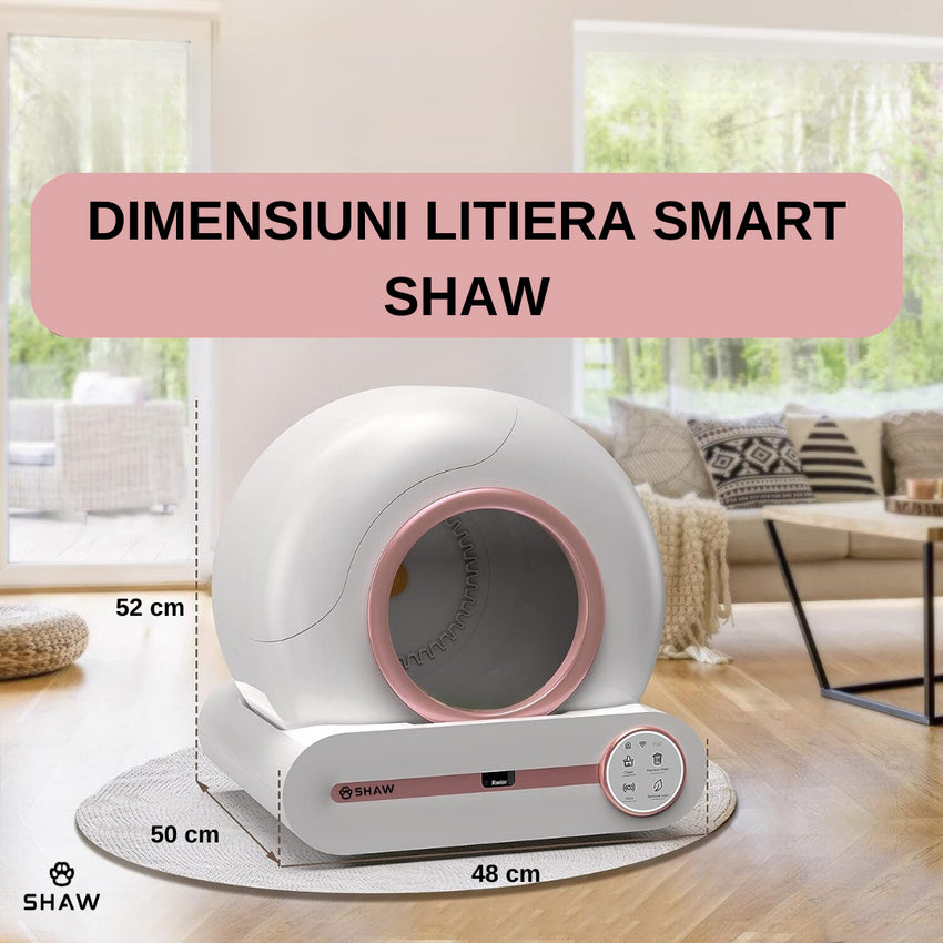 Litiera automata smart SHAW® ROZ pentru pisici, auto-curatare, sterilizare, aplicatie mobila, 9L