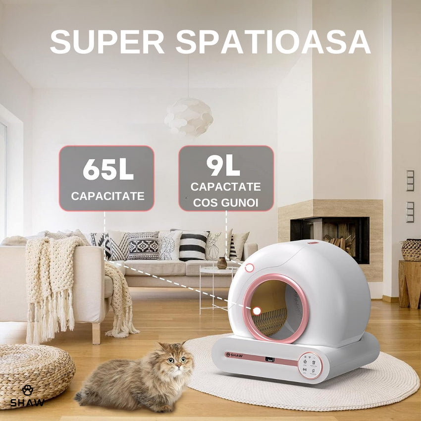 Litiera automata smart SHAW® ROZ pentru pisici, auto-curatare, sterilizare, aplicatie mobila, 9L
