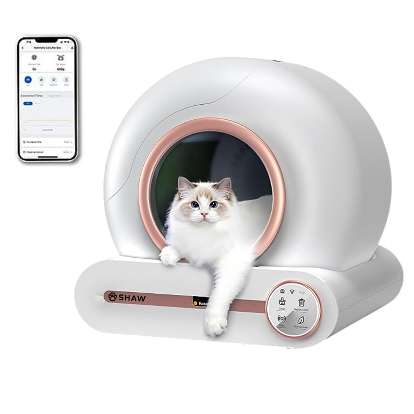Litiera automata smart SHAW® ROZ pentru pisici, auto-curatare, sterilizare, aplicatie mobila, 9L