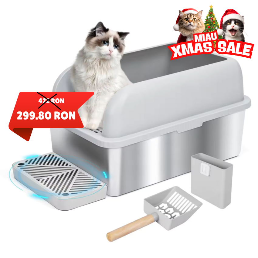 Litiera inox SHAW® XL pentru pisici, cu prag si lopatica incluse, usor de curatat, rezistenta