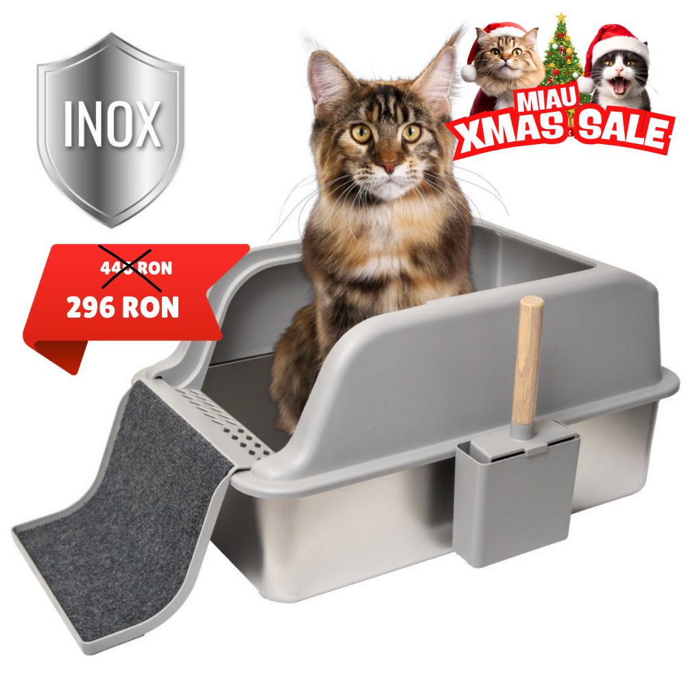 Litiera inox SHAW® XL pentru pisici, cu prag multifunctional si lopatica incluse, usor de curatat, rezistenta