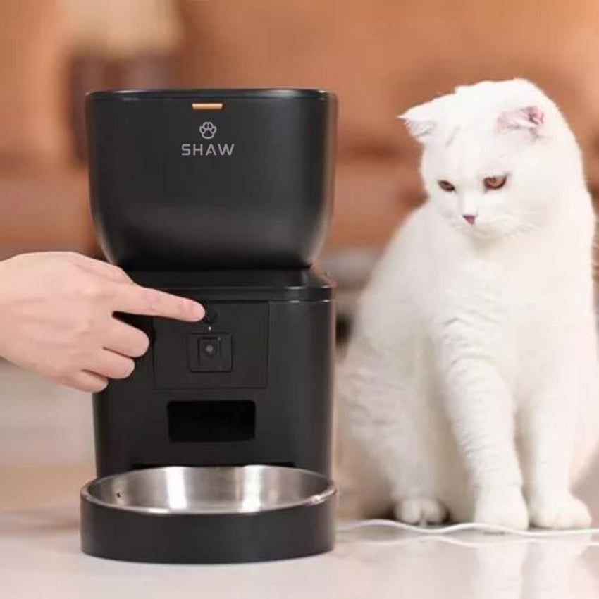 Hranitor automat smart SHAW® pentru caini si pisici cu camera reglabila, aplicatie mobila, 4L, programare hranire