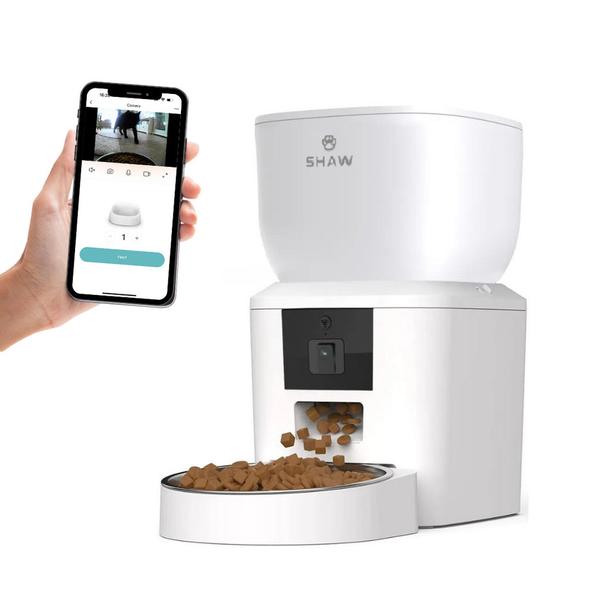 Hranitor automat smart SHAW® pentru caini si pisici cu camera reglabila, aplicatie mobila, 4L, programare hranire