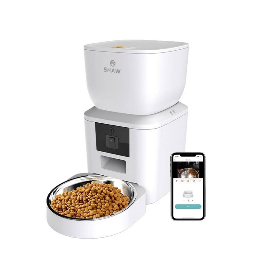 Hranitor automat smart SHAW® pentru caini si pisici cu camera reglabila, aplicatie mobila, 4L, programare hranire
