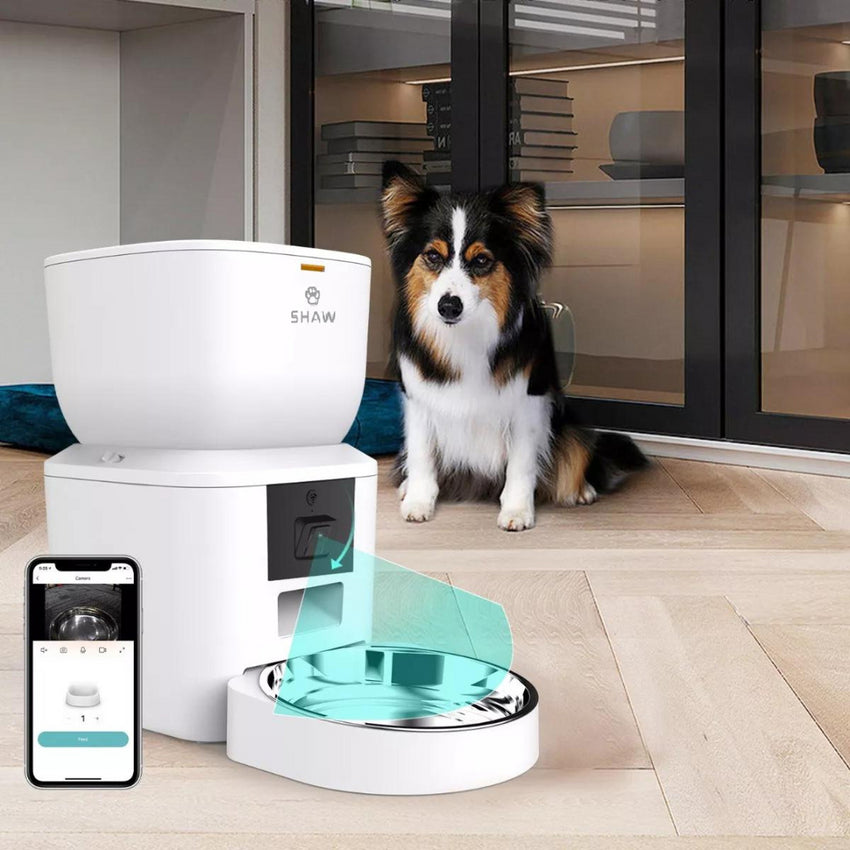 Hranitor automat smart SHAW® pentru caini si pisici cu camera reglabila, aplicatie mobila, 4L, programare hranire