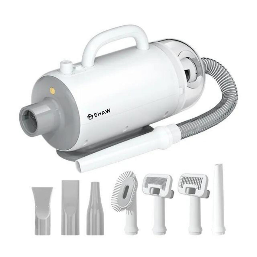 Uscator si aspirator cu perie 3 in 1, SHAW®, pentru caini si pisici, reglare temperatura, ioni negativi, 2000W, Alb