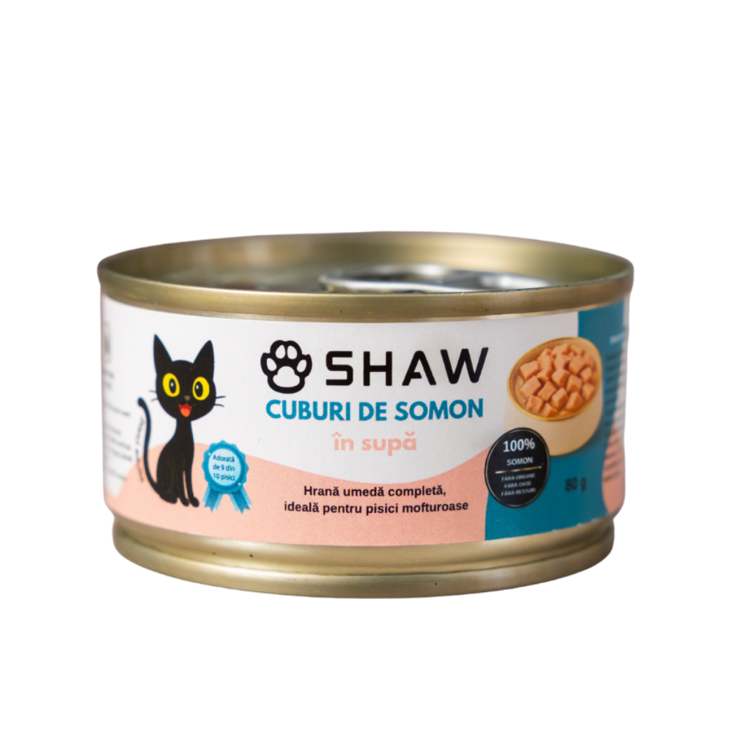SET 12 buc Hrana umeda premium SHAW pentru pisici adulte si mofturoase cu cuburi de somon in supa, fara cereale, 80g