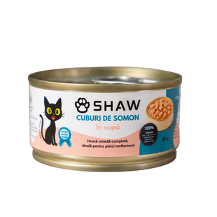 SET 12 buc Hrana umeda premium SHAW pentru pisici adulte si mofturoase cu cuburi de somon in supa, fara cereale, 80g